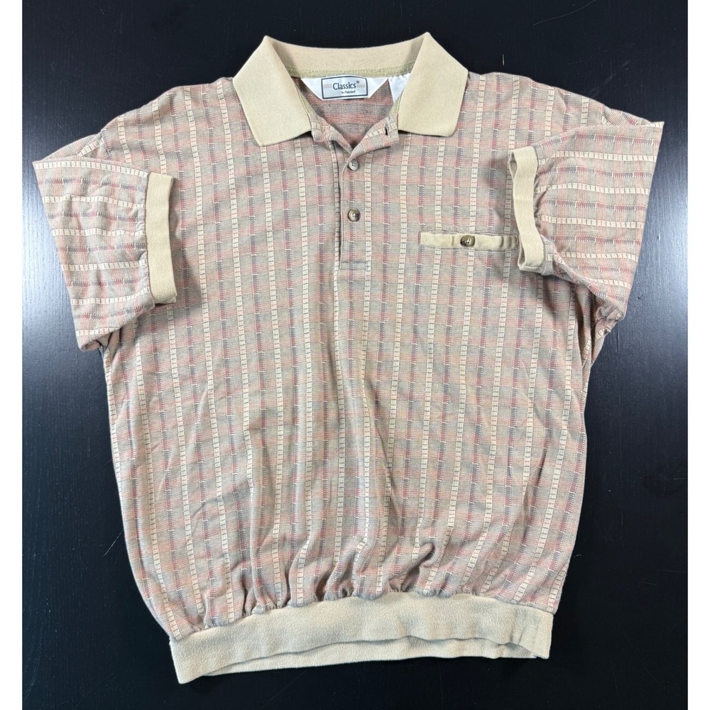 Classics by Palmland Mens XL Polo Shirt Tan Stripe Knit Banded Hem Cotton Blend